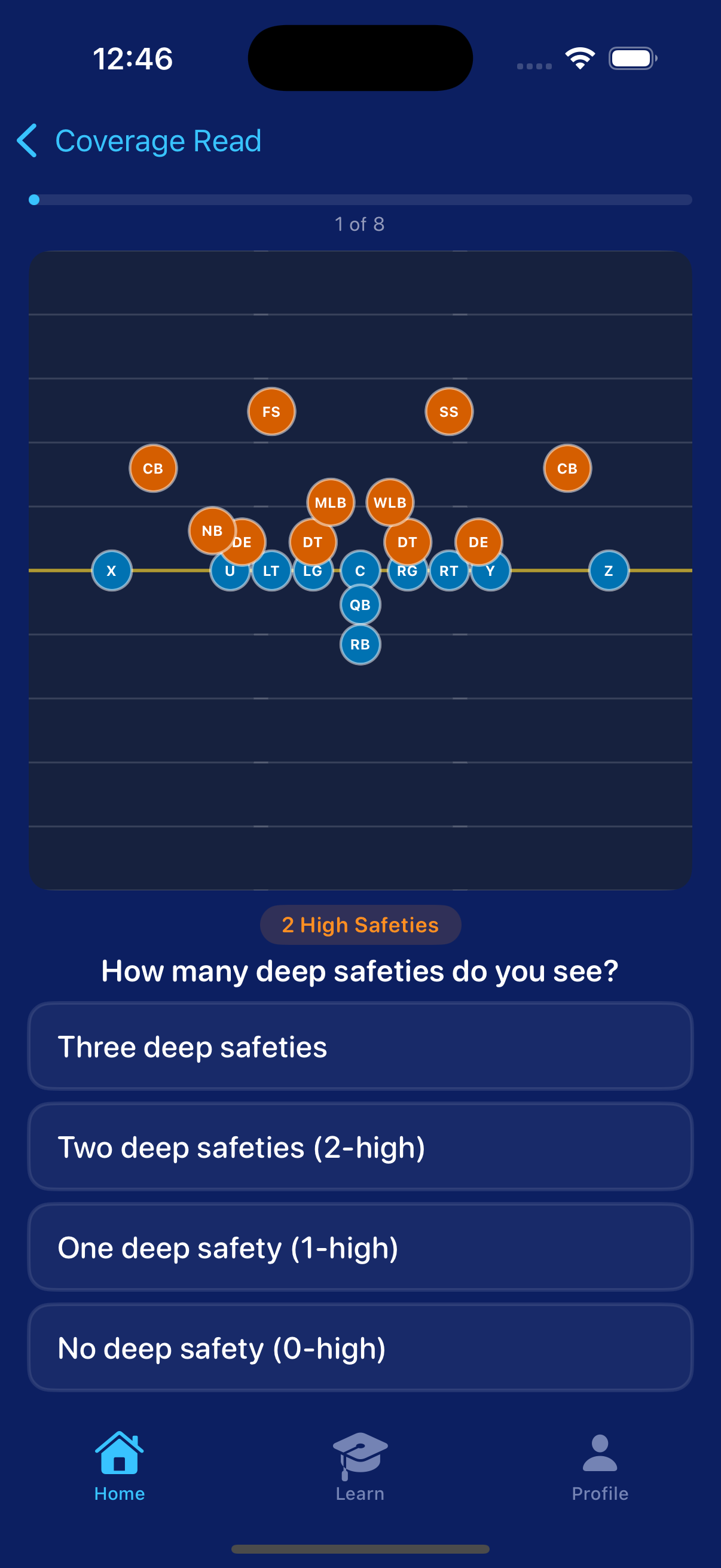 Coverage Read showing defensive alignment with safeties, corners, and linebackers