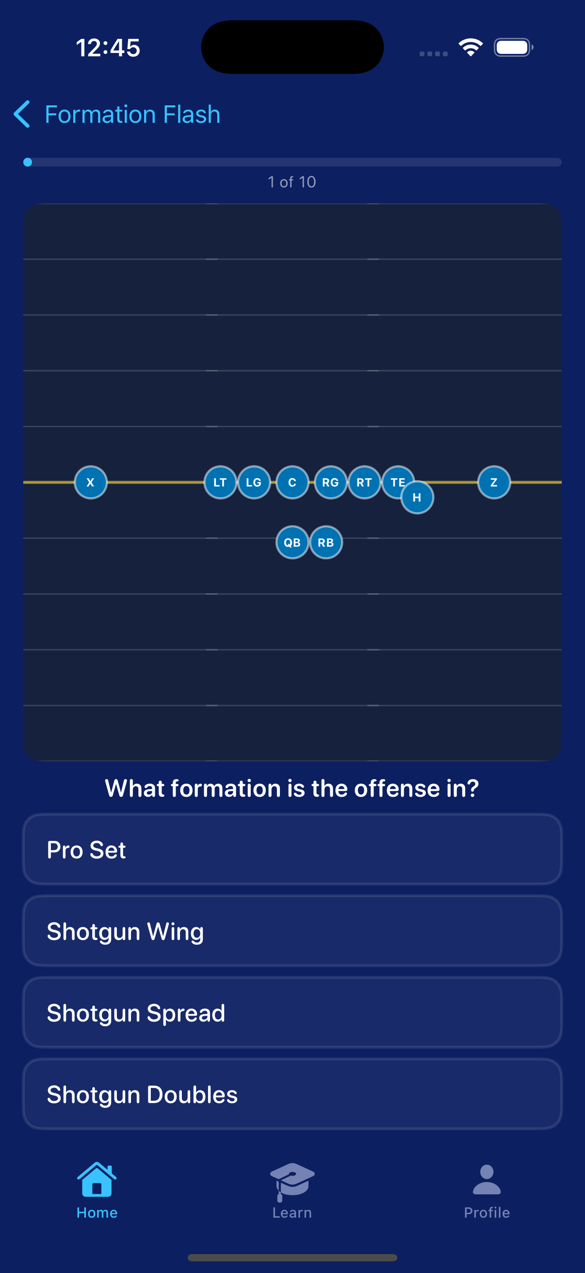 Formation Flash game mode showing football field with player positions and multiple choice answers
